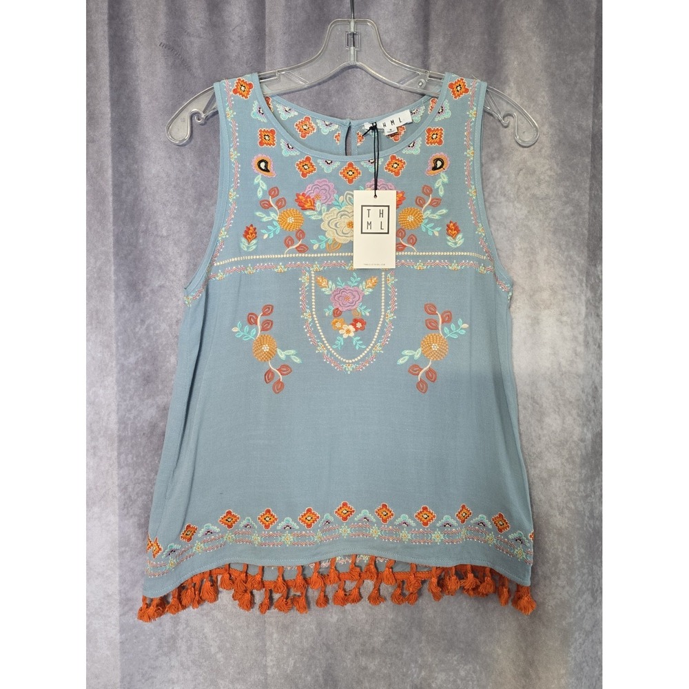 NWT THML Floral Embroidered Tassel Hem Tank Top Small Dusty Blue Boho